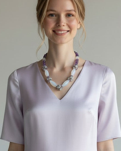 Collana Maxi con Agata e Grappoli Lilla/Bianco