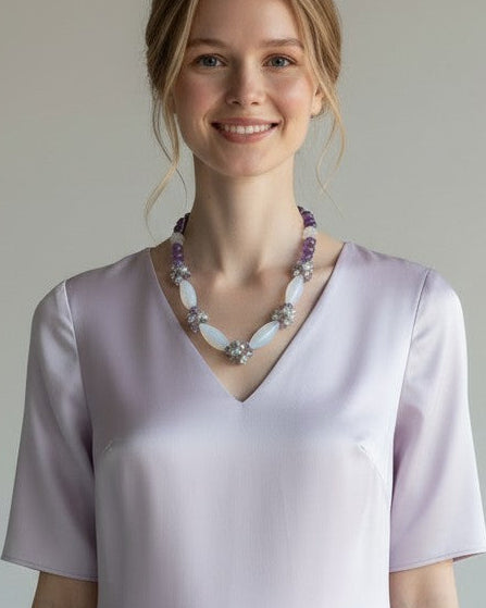 Collana Maxi con Agata e Grappoli Lilla/Bianco