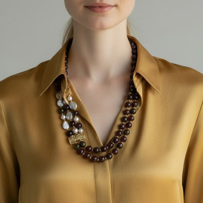 Long Necklace with Multicolor Sapphire Stones, S925 Silver and Gold