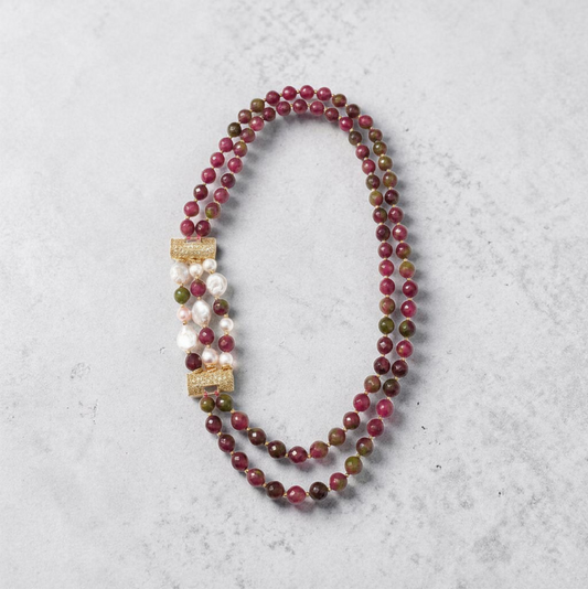 Collana Doppio filo di Quarzo e Perle Barocche