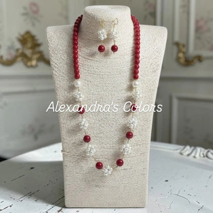 SET Collana Lunga + Orecchini con Perle ed Agata Rossa forma Fiore
