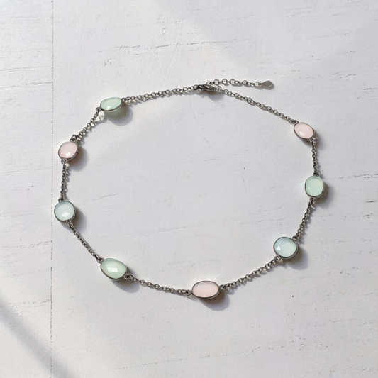 Collana Pietre Lunetta Verde chiaro/rosa, in Argento s925