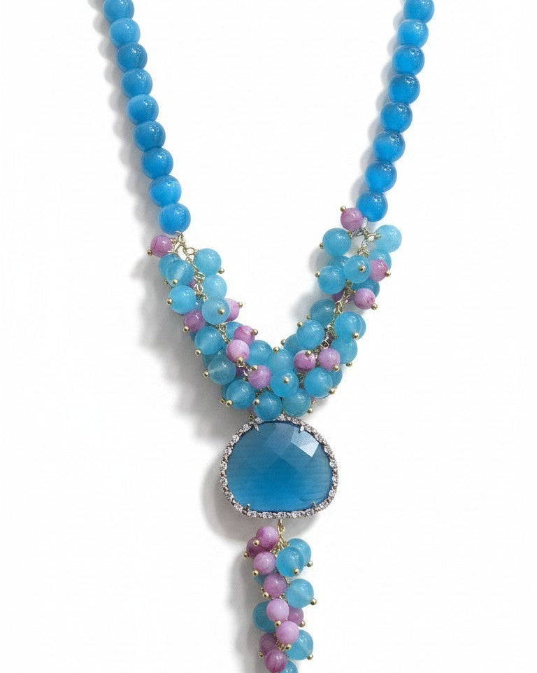 Collana Lunga ad Y con Goccia e Grappoli Color Azzurro/Rosa