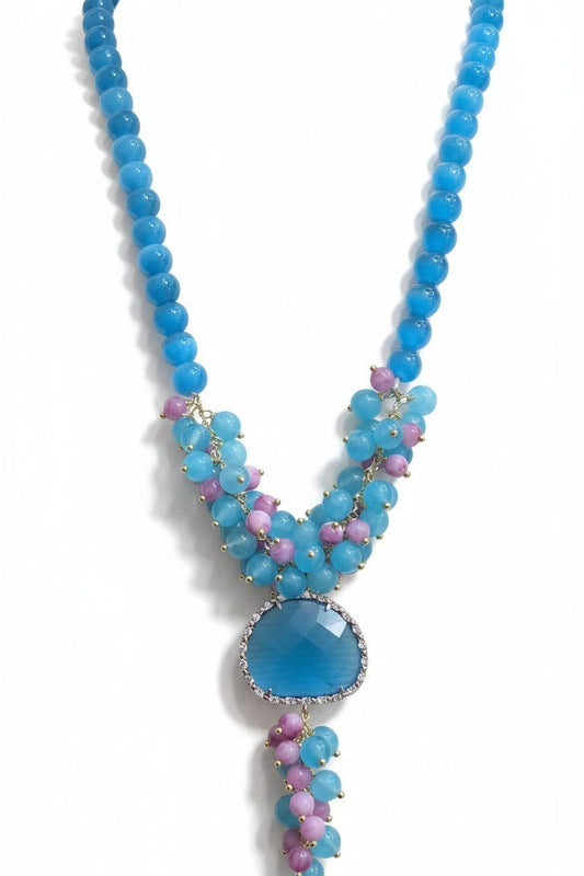 Collana Lunga ad Y con Goccia e Grappoli Color Azzurro/Rosa