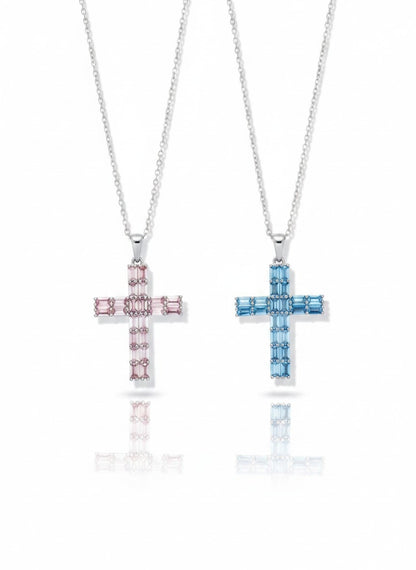 Round Zircon Cross Pendant, many Colors, Sterling Silver s925