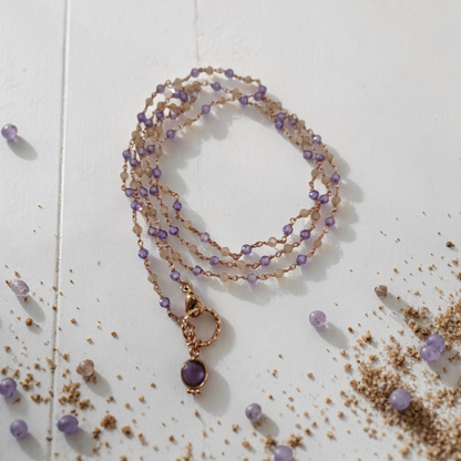 Collana Lunga Stile Rosario con Ametista e Quarzo Fumè, in Argento s925