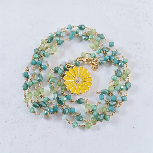 Collana Lunga Stile Rosario con Cristalli e Margherita Gialla, in Argento s925