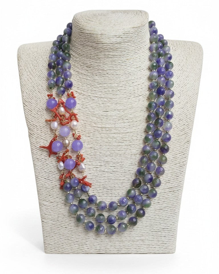 Long Necklace with Multicolor Sapphire Stones, S925 Silver and Gold