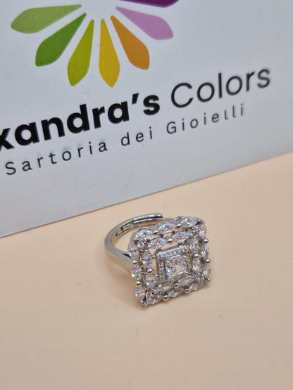 Anello Quadrato Reale, in Argento S925 e Zirconi