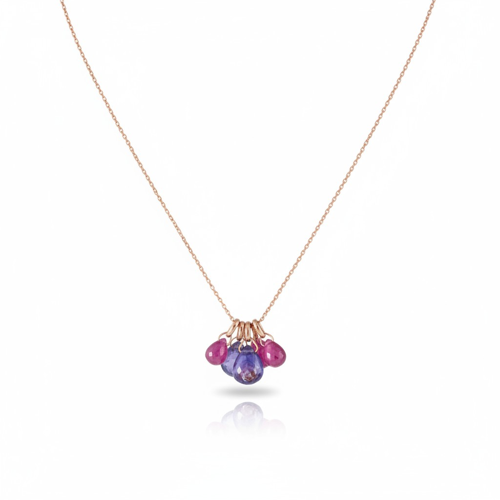 Collana con Ciondoli a Gruppo, in Pietre di Rubino e Calcedonio, Argento s925