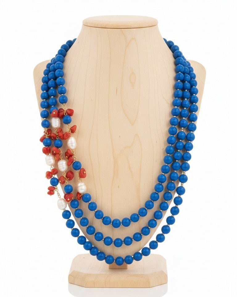 Long Necklace with Multicolor Sapphire Stones, S925 Silver and Gold