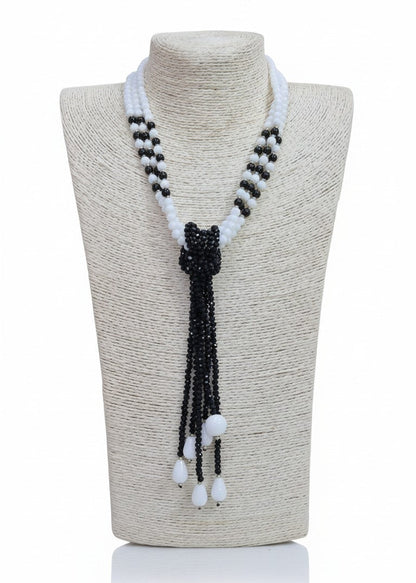 Collana Cravatta Nera e Bianca da Donna, con Perle e Pietre Naturali