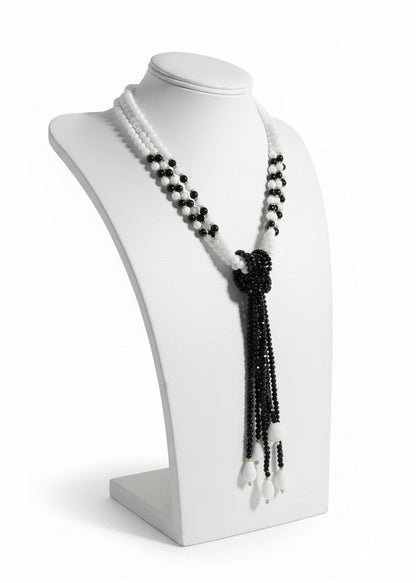 Collana Cravatta Nera e Bianca da Donna, con Perle e Pietre Naturali