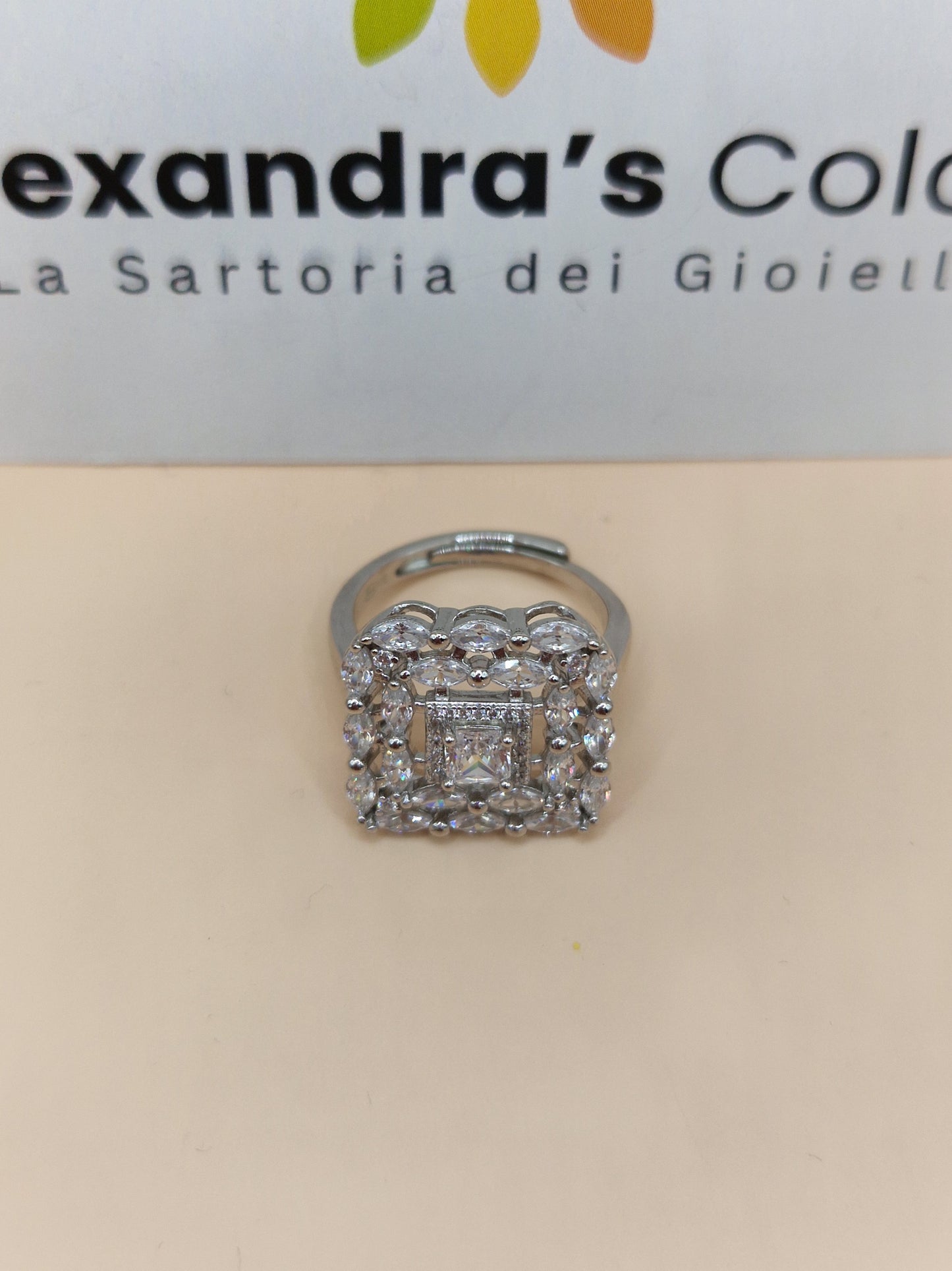 Anello Quadrato Reale, in Argento S925 e Zirconi