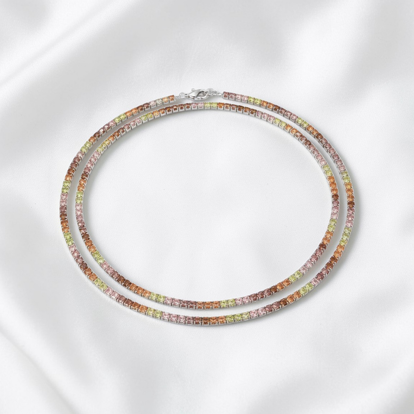 Harlequin Tennis Necklace, 3mm, 925 Silver and Zirconia