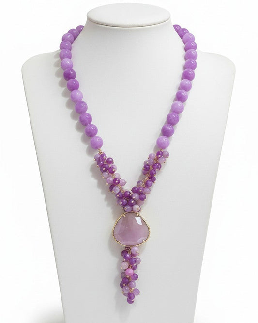 Collana Lunga ad Y con Goccia e Grappoli Rosa/Fucsia