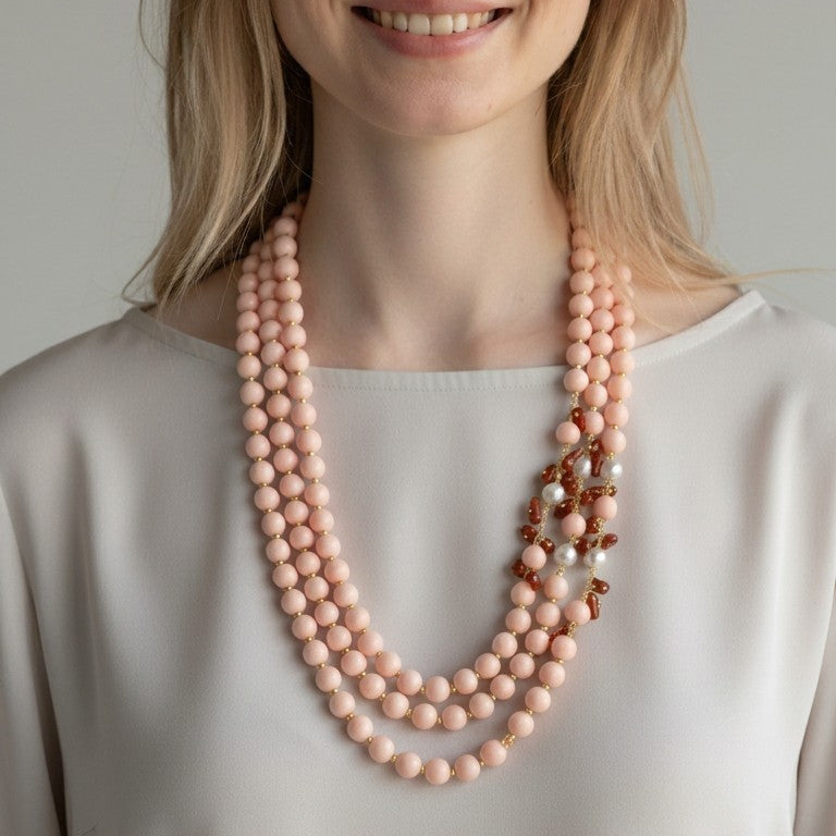Collana Maxi con Pietre di Corallo Rosa, Perle e Corallo rosso