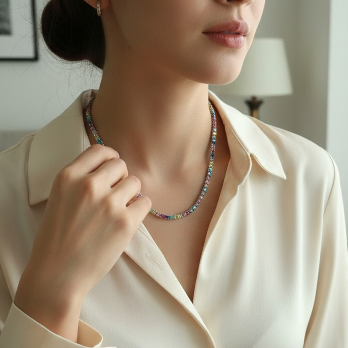 Collana Tennis Multicolor Paraiba, 3mm, Argento 925