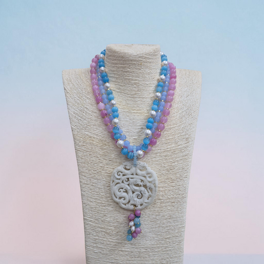 Collana ad Y Con Perle Rosa e Celeste e grande ciondolo in pasta di conghiglia
