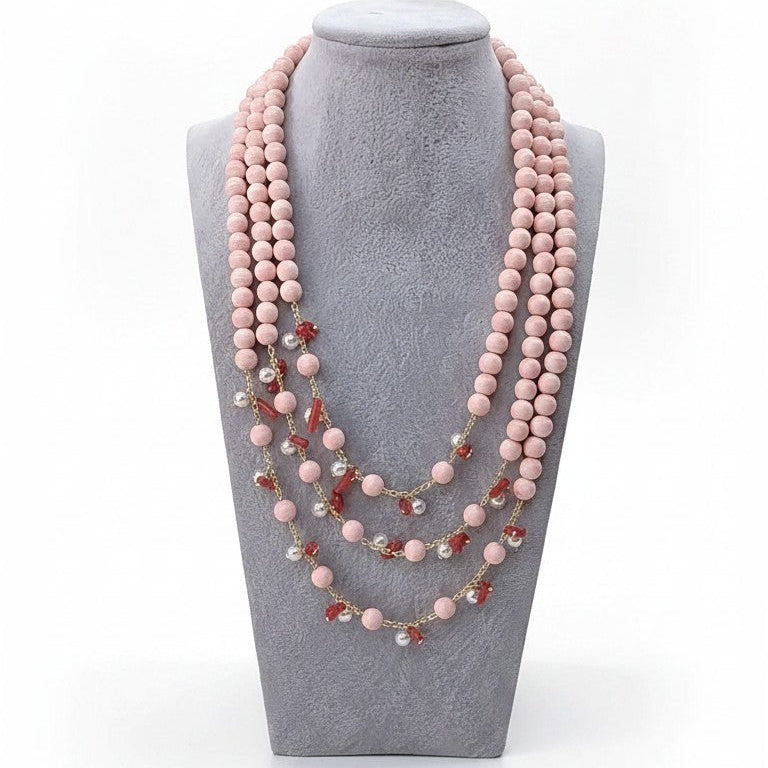 Collana Maxi con Pietre di Corallo Rosa, Perle e Corallo rosso