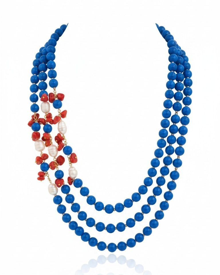Long Necklace with Multicolor Sapphire Stones, S925 Silver and Gold