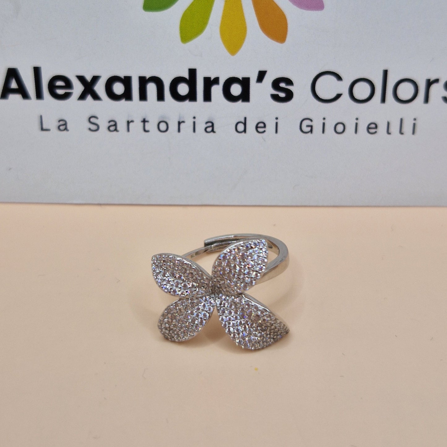 Anello Fiore 4 Petali, in Argento S925 e Zirconi