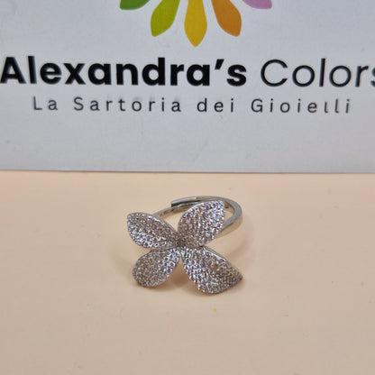 Anello Fiore 4 Petali, in Argento S925 e Zirconi