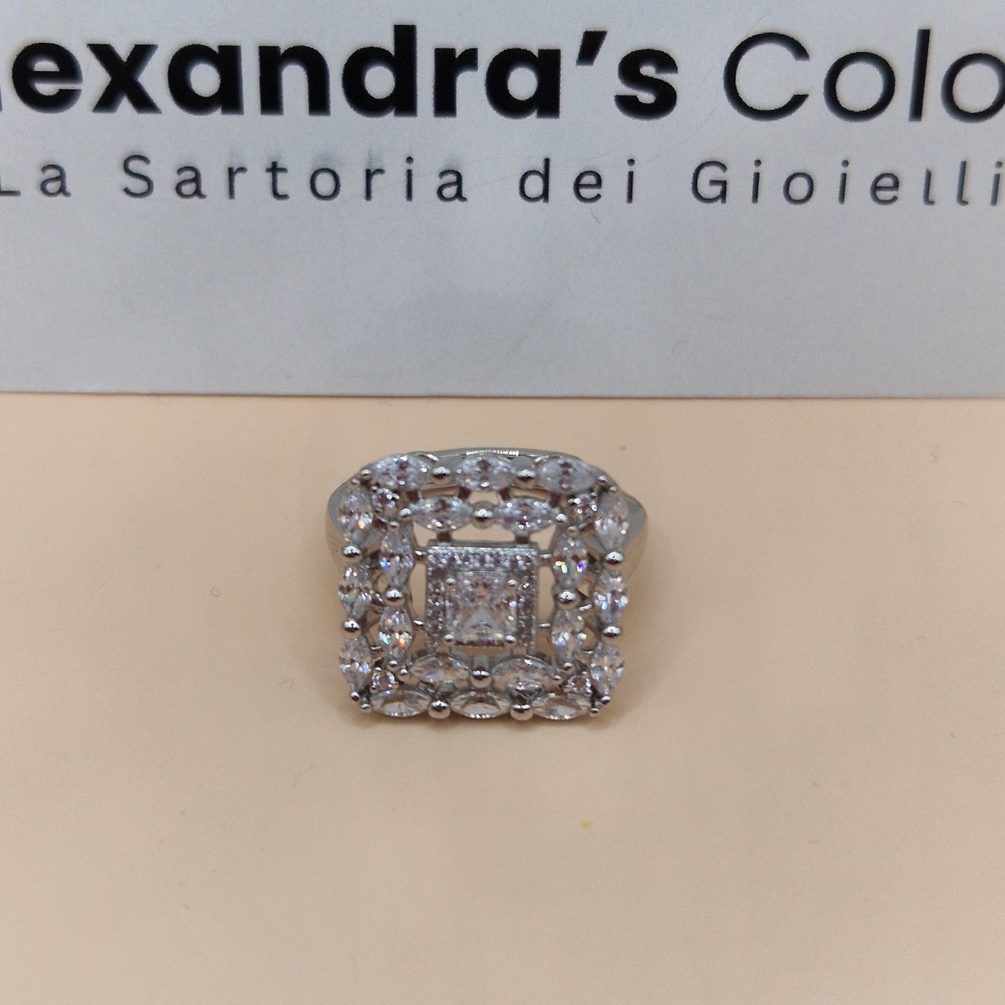 Anello Quadrato Reale, in Argento S925 e Zirconi