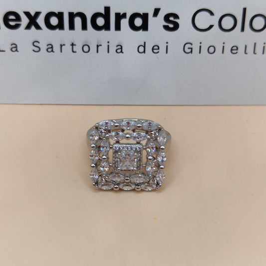 Anello Quadrato Reale, in Argento S925 e Zirconi