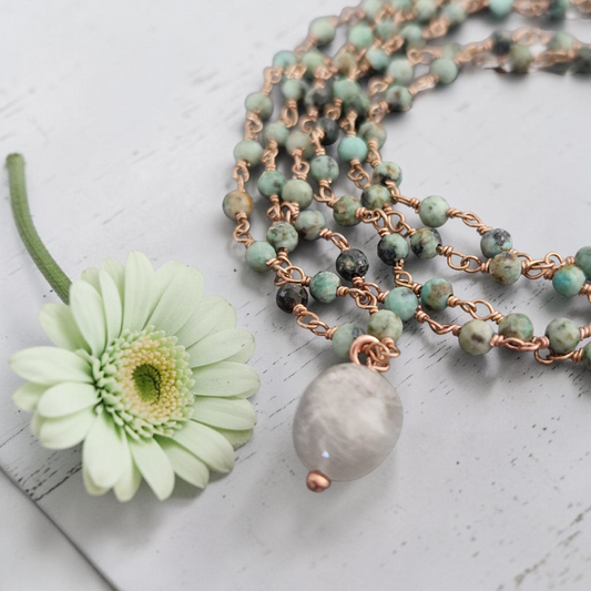 Collana Lunga Stile Rosario con Turchese Naturale e Ciondolo Giada, in Argento s925