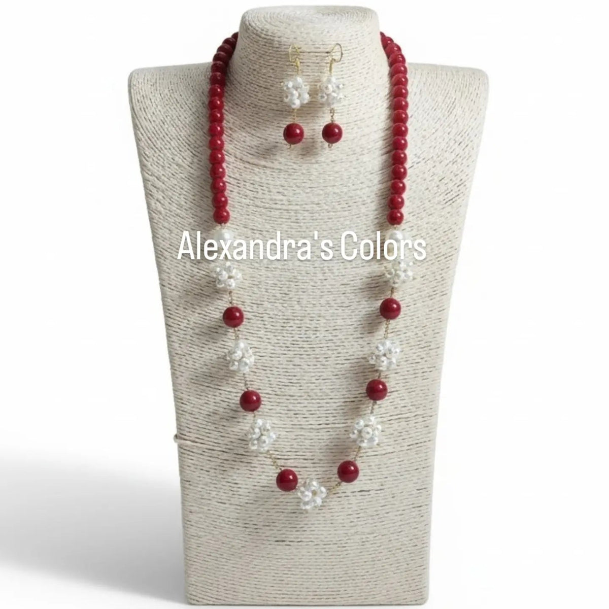 SET Collana Lunga + Orecchini con Perle ed Agata Rossa forma Fiore