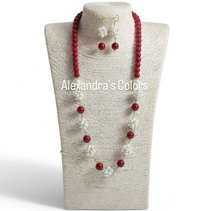 SET Collana Lunga + Orecchini con Perle ed Agata Rossa forma Fiore