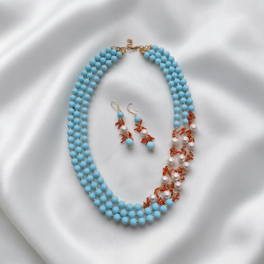 Collana Maxi ed Orecchini con Pietre di Pasta di Turchese, Perle e Corallo rosso