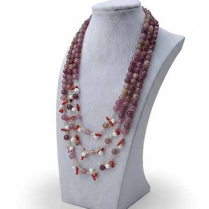 Collana Maxi con Pietre di Tormalina Rosa, Perle e Corallo rosso