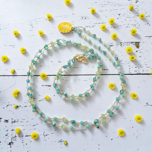 Collana Lunga Stile Rosario con Cristalli e Margherita Gialla, in Argento s925