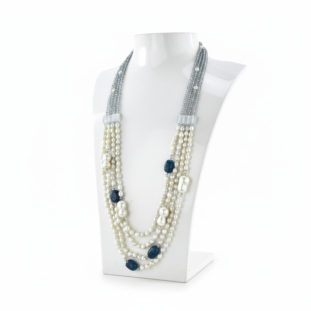 Collana 3 fili in Pietre di Cianite e Perle