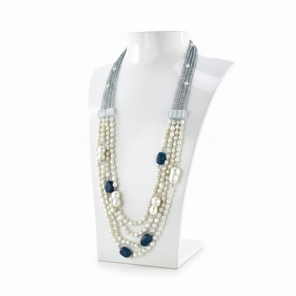Collana 3 fili in Pietre di Cianite e Perle