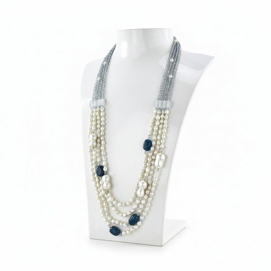 Collana 3 fili in Pietre di Cianite e Perle