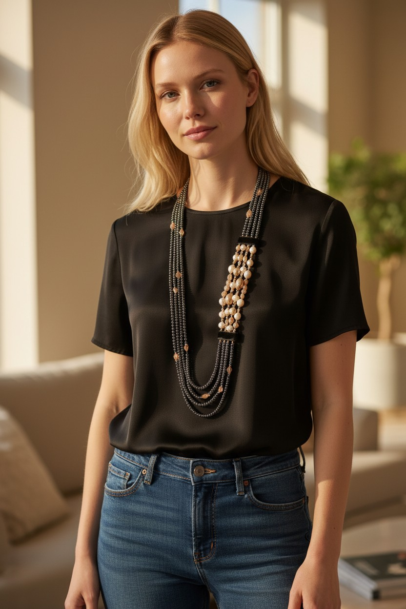 Collana Lunga Multifilo in Pietra del Sole, Perle ed Ematite