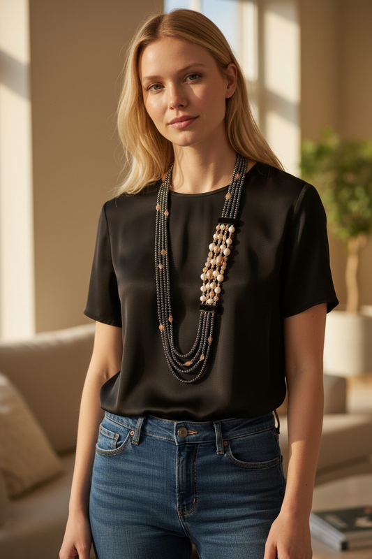 Collana Lunga Multifilo in Pietra del Sole, Perle ed Ematite