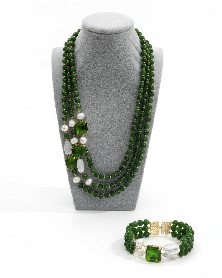 SET Collana Maxi con 3 file di Onice Verde e Perle Barocche