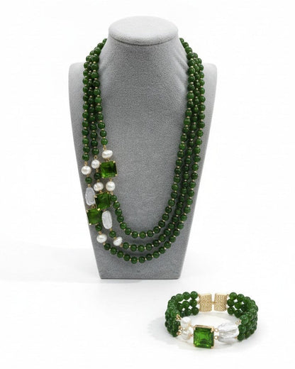 SET Collana Maxi con 3 file di Onice Verde e Perle Barocche