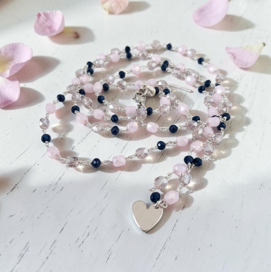 Collana Stile Rosario con Cristalli Rosa/Blu, in Argento s925