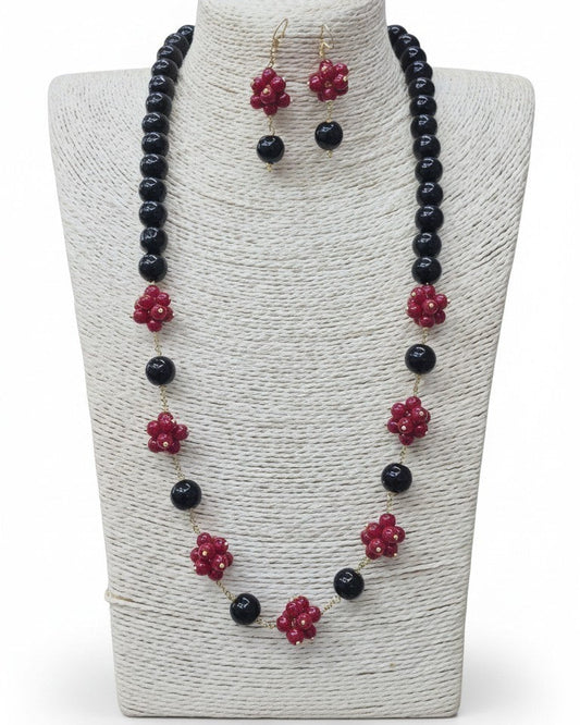 SET Collana Lunga + Orecchini con Agata ed Onice Nero forma Fiore