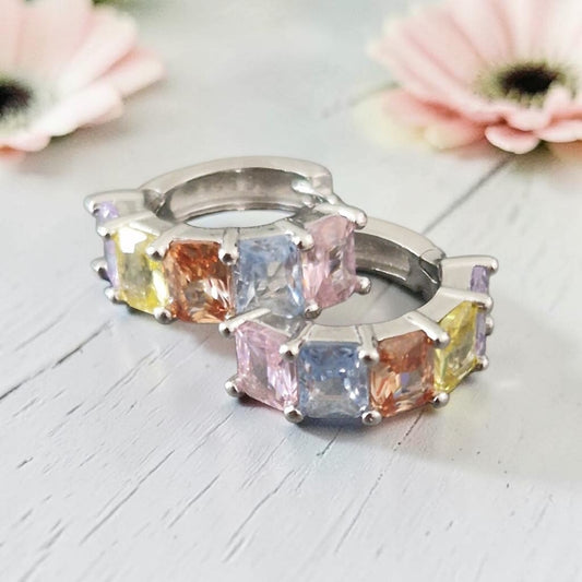 Orecchini Mini Cerchio Baguette Multicolor , in Argento s925