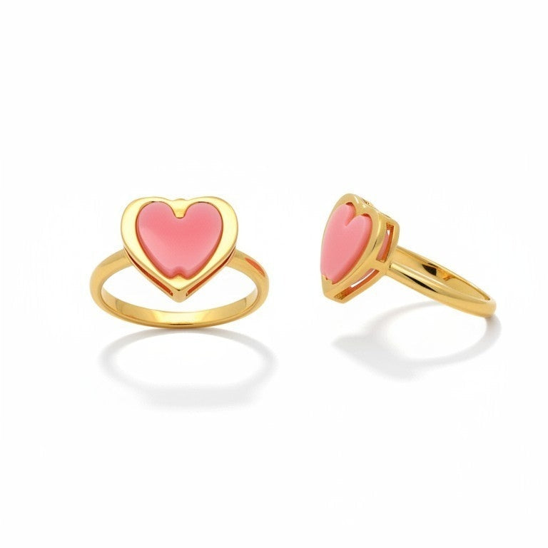 Anello Cuore con lastra di QUARZO ROSA, in ACCIAIO inox