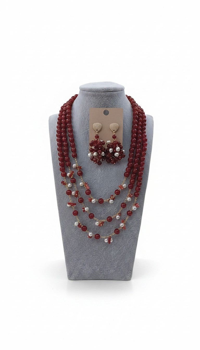 SET Collana Maxi + Orecchini con Pietre di Rubino Grezzo, Perle e Corallo rosso