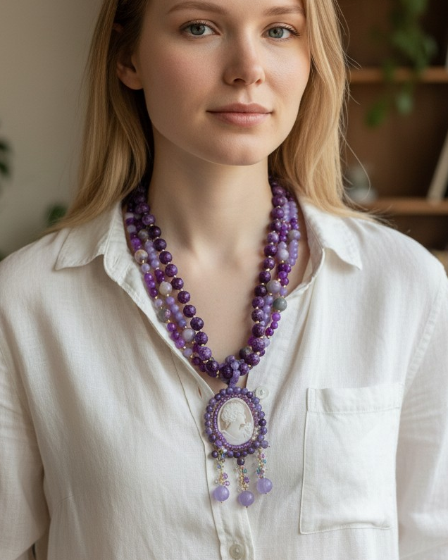 Collana di Pietre di Ametista e Cameo Prezioso