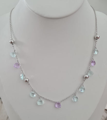Lilac and Aquamarine Drop Necklace, 925 Silver
