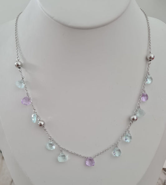Collana Gocce Lilla e Acquamarina, Argento s925